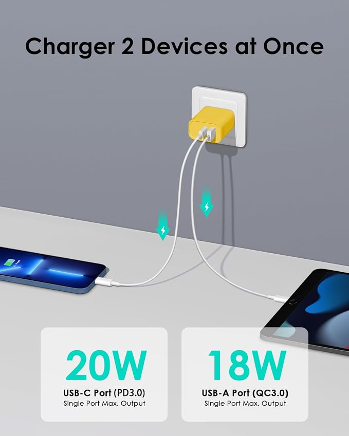 [4 Pack] USB C Charger Block Fast Charging Multiport Adpater [PD 20W USB-C & QC 3.0 USB-A Port] for iPhone 17/16/15/14/13/12/11/X/8, iPad, Galaxy, Google & More [Yellow] - Image 2