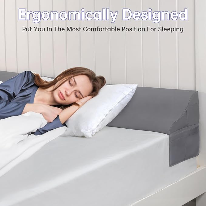 kkia Queen Bed Wedge Pillow for Headboard Gap-0–6" Mattress Gap Filler | Bed Gap Filler Queen With Supportive Comfort Foam and Phone pockets–Stop Lost Pillows & Items,Washable Cover, 60"x10"x7" Gray - Image 7