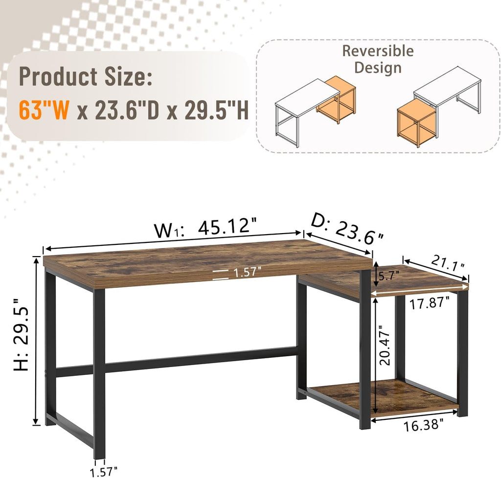 Large Computer Desk for Home Office with Printer Space, Wood Study Gaming Workstation Table with Storage Shelves, Long Writing Desk for Bedroom Living Room, Rustic Brown, 63 Inch - Image 2