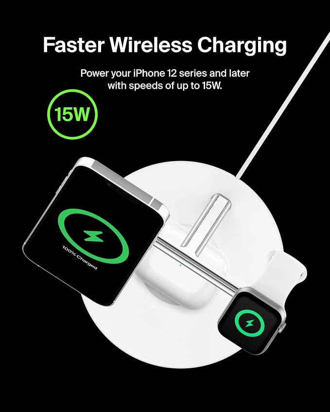 Belkin MagSafe 3 in 1 Wireless Charging Stand, 2nd Gen, 33% Faster | Apple Watch, iPhone 16/15/14, AirPods compatible, multi-device charging station, faster charging, Magnetic - Image 3