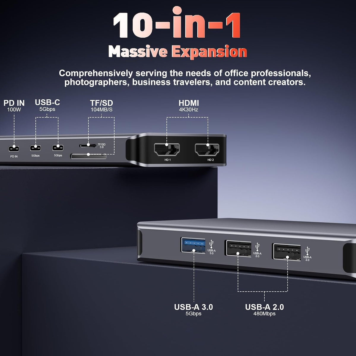 USB C Docking Station Dual Monitor for Laptop, 10-in-1 2 HDMI Dock - Image 2