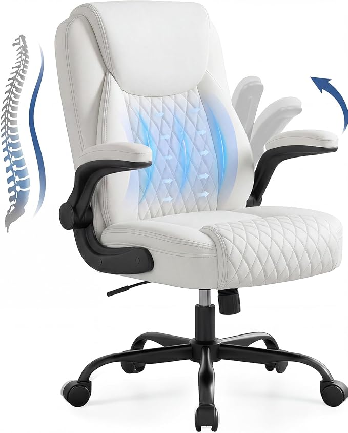 GTPOFFICE Executive Office Chair with Comfortable Lumbar Support, Ergonomic Gaming Chair with Flip-up Armrests & Zoned Pressure-Relief Cushion, Comfy PU Leather Desk Chair, White by GTPOFFICE