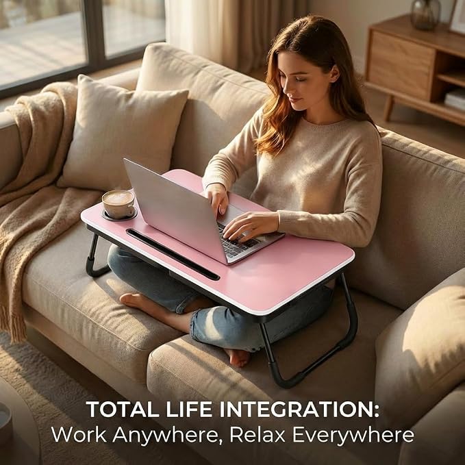 BUYIFY 23.4" Foldable Lap Desk Bed Table with Cup Holder Portable Tray | Folds Flat for Easy Storage, No Assembly Laptop Bed Desk, Sturdy and Lightweight, Patent Design,Pink - Image 6