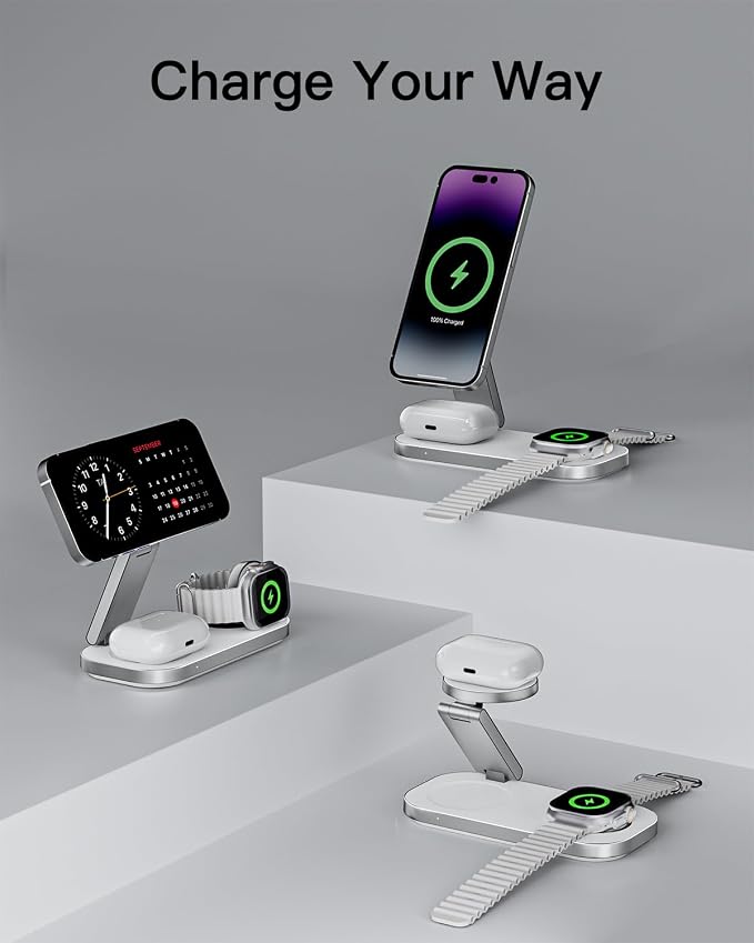 3-in-1 Charging Station for Apple Device, Foldable Magnetic Wireless Fast Charger Stand Compatible with MagSafe for iPhone 17e/17/16/15/14/13/12/Air Series, Apple Watch & AirPods-White - Image 5