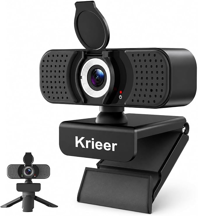 4K UHD Webcam with PDAF Autofocus, Dual Mics, USB-C Adapter, Privacy Cover | 87° view, auto white balance, low-light correction, 360° rotation, 35° tilt, 1.5 m USB-A cable and mini tripod by KRIEER