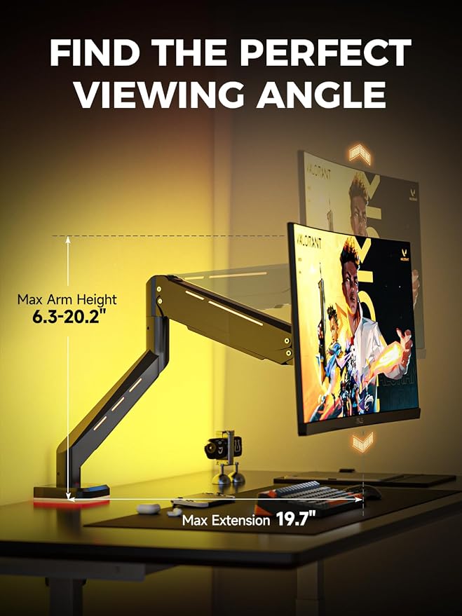 Suptek Single RGB Monitor Mount for 17-35'' Screen up to 22lbs, Gas Spring Monitor Arm, Full Motion Adjustable Desk Stand, Black, MDXDJ - Image 5