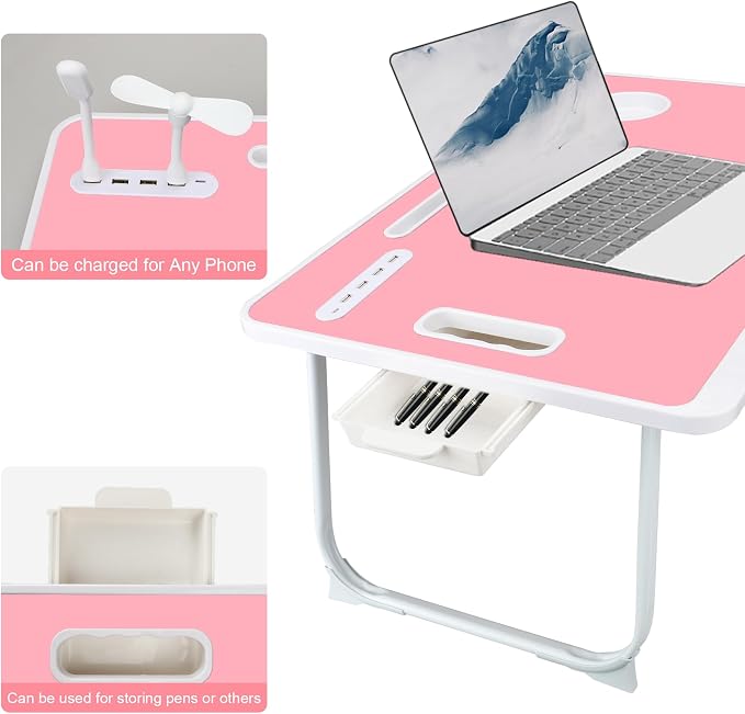Laptop Bed Table, Laptop Desk for Bed, Foldable Laptop Bed Desk with USB Charge Port, Handle, Desktop Card Slot, Cup Slot, Side Drawer, Portable Laptop Table for Bed Eating Reading Working - Image 3