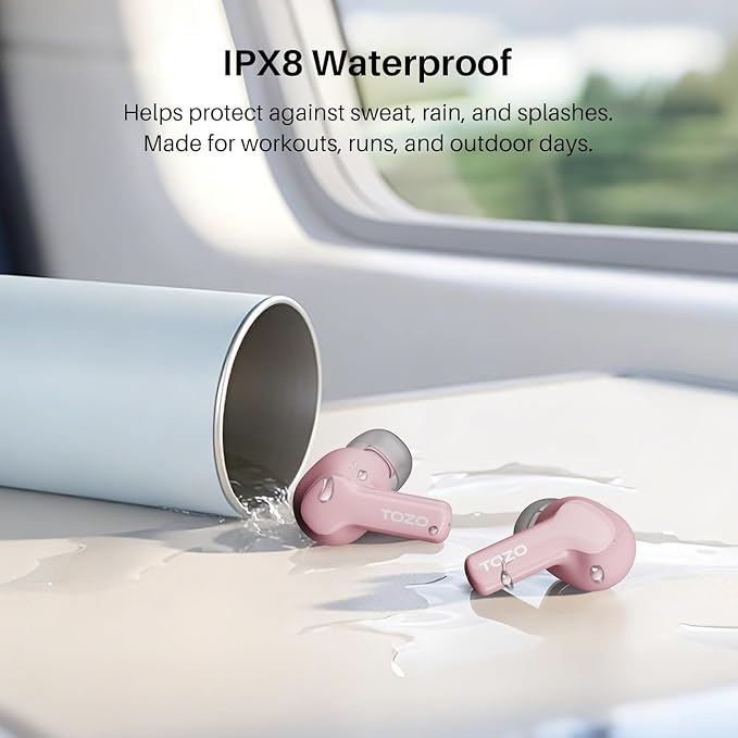 TOZO Hybrid Active Noise Cancelling in Ear Wireless Earbuds, 68H Playtime | 6 Mics AI Clear Calls, LED Display, 32 Preset EQs App, Bluetooth 5.3 Headphones, IPX8 Waterproof, Comfort Fit Ear Buds Pink - Image 9