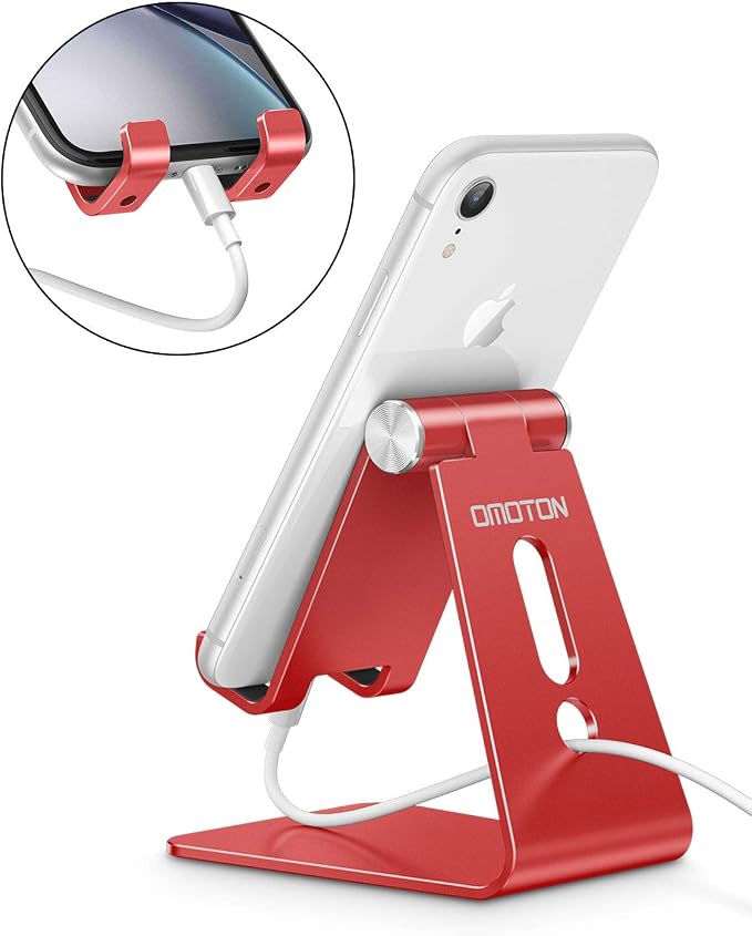 OMOTON C2 Adjustable Aluminum Cell Phone Stand with Charging Cutout, Red | Sturdy 3mm Aluminum, Charging Port, 270° Adjustable, Non-Slip Silicone Pads, Works with Thick Cases, for All Smartphones - Image 7