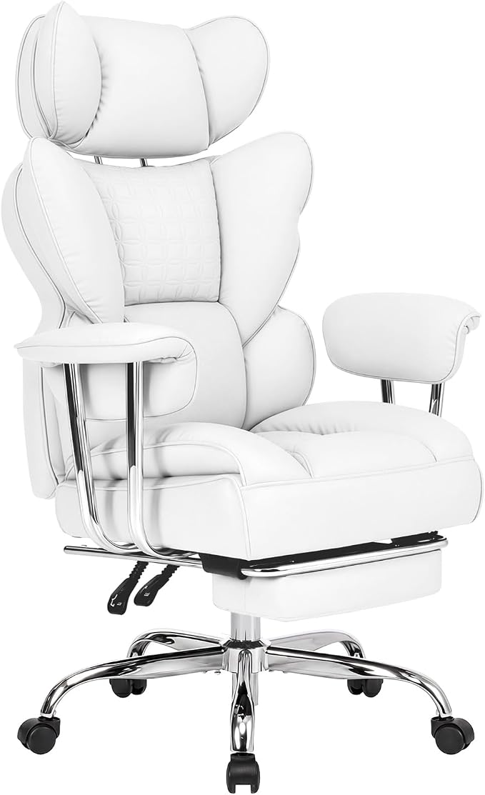 DUMOS Big and Tall Home Office Desk Chair, Executive Chair with Footrest | Scratch-Resistant PU Leather, Ergonomic Reclining, Pocket Spring Support, 400 LBS Weight Capacity, White by DumosLifestyle