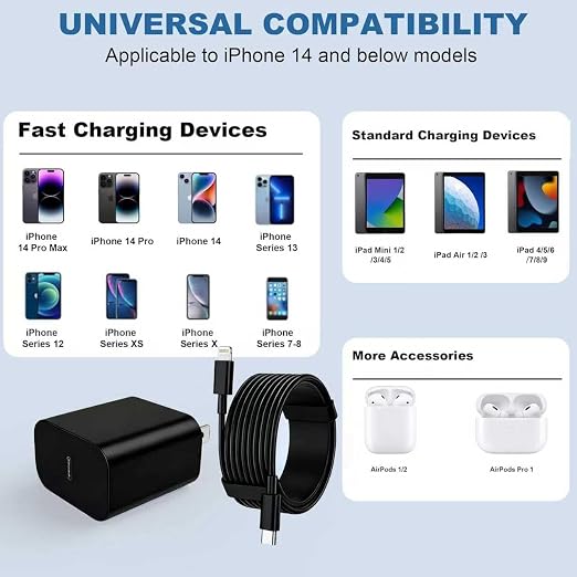 iPhone Charger Fast Charging, USB C Charger Block, 6FT/10FT Lightning Cable | For Apple iPhone 14/13/12/11 Series, 2-Pack USB C to Lightning Cables, AirPods with Lightning Charging Case,Black - Image 2