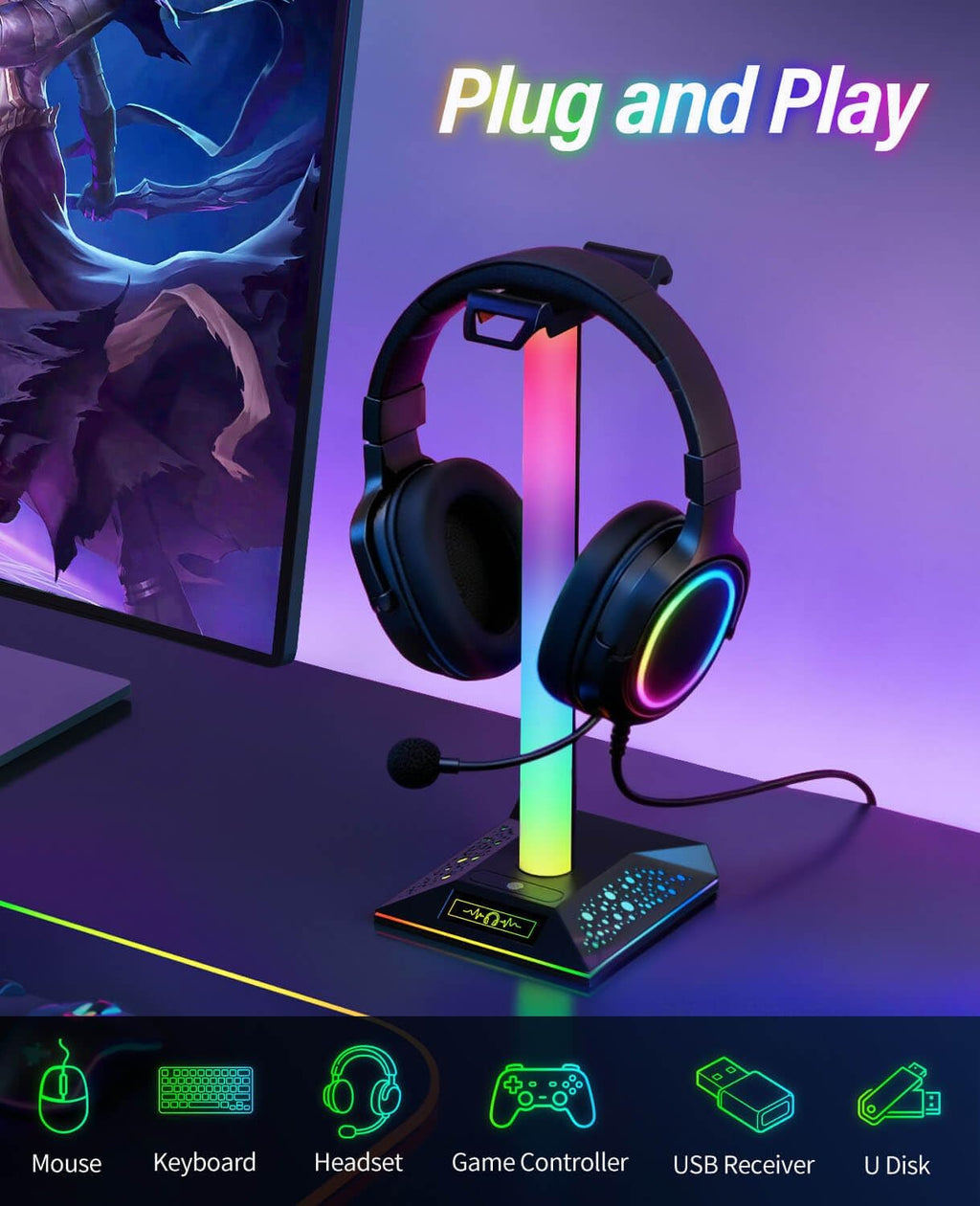 RGB Gaming Headset Stand, LED Headset Holder with 3 Charging Ports (2 USB & 1 Type-C) & 10 Lighting Modes, Headphone Stand Cool Stuff for Boys, Desk PC Gaming Accessories Gifts for Gamers Men Adult - Image 3