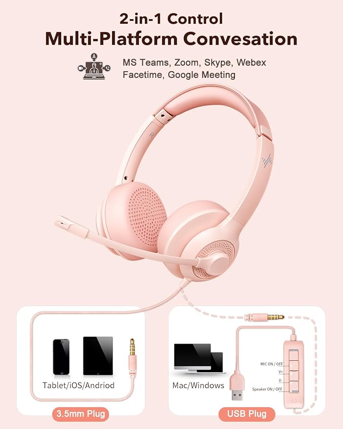JIAMQISHI USB Headset with Microphone for PC, On-Ear Computer Laptop Headphones with Noise Cancelling Mic in-line Control for Home Office Online Class Zoom (USB+3.5mm, Pink) - Image 5
