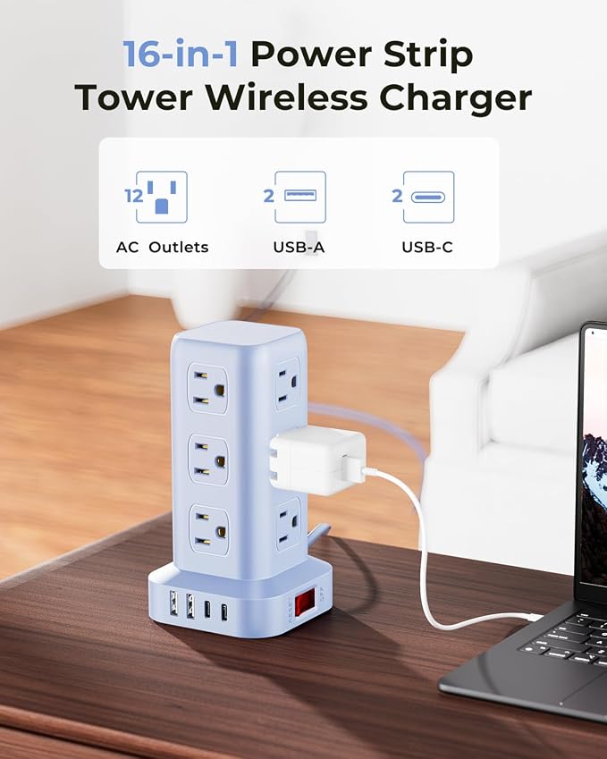Power Strip with 12 Outlets 4 USB (1 USB C), 6.5Feet Extension Cord with Multiple Outlets, Charging Station, Blue Power Strip Tower, Home Office Desk Supplies - Image 2