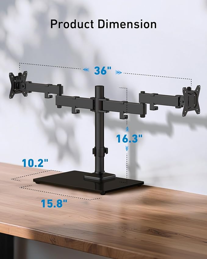 HUANUO Freestanding Dual Monitor Stand, 32 Inch Dual Monitor Mount for 2 Screens, Holds up to 19.8 lbs per Arm, Gaming Monitor Arm Riser with Tempered-Glass Base, Tilt, Swivel, Rotation, Black - Image 4