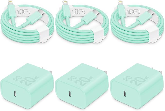 20W Fast Charger for iPhone 14/13/12 [3-Pack, MFi Certified] | USB-C PD power adapter with 10Ft cable, compatible with iPhone 14/13/12/11/Pro Max/Pro/Plus/Mini, iPad & more - Green by CXX
