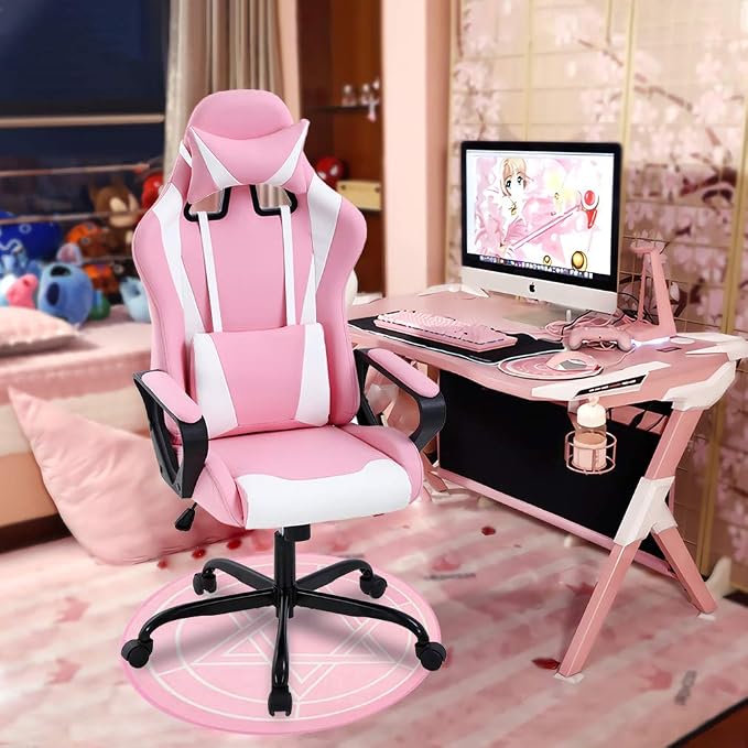 BestOffice Gaming Chair | Pink | Desk Chair with Adjustable Lumbar Support | Headrest Pillow | Ergonomic Racing Style Seat with Recline, Swivel Base & Rolling Wheels | For Gamers, Home, Office - Image 7