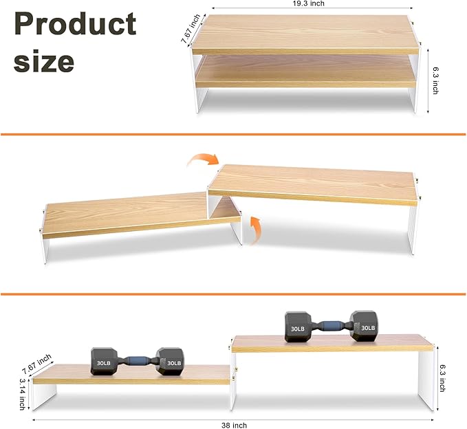 YGYQZ Adjustable Monitor Stand Riser, 7.67"×19.3" Dual Monitor Desk Stand | Adjustable Monitor Riser, Expandable Desk Organizer, 2-Tier Storage, Acrylic Legs, Ergonomic Workspace, Wood Wavy - Image 6