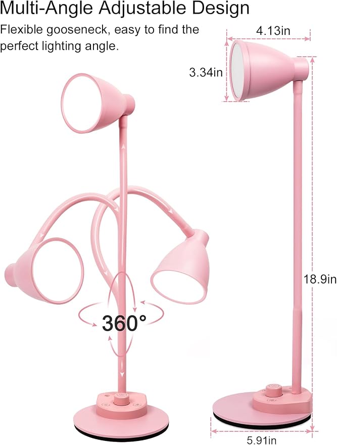 BOHON Cute Desk Lamp with USB Charging Port, 3 Color Modes Dimmable, Pink | Pink Lamp LED Reading Lamp, Flexible Neck Auto Dimming Table Task Light for Home Office Dorm Bedside - Image 7