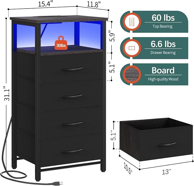 Yoobure Night Stand - LED Nightstand with Charging Station, Bedside Table with 4 Fabric Storage Drawers and Storage Shelf, End Table with USB Ports and Outlets, Tall Nightstand for Bedroom - Image 3
