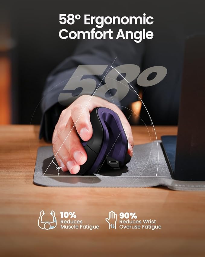 ProtoArc EM11 NL Wireless Ergonomic Mouse, Rechargeable, Black Purple | 58° vertical design supports a natural wrist posture, connect 3 devices via Bluetooth/2.4G USB-A, 500mAh USB-C rechargeable. - Image 7