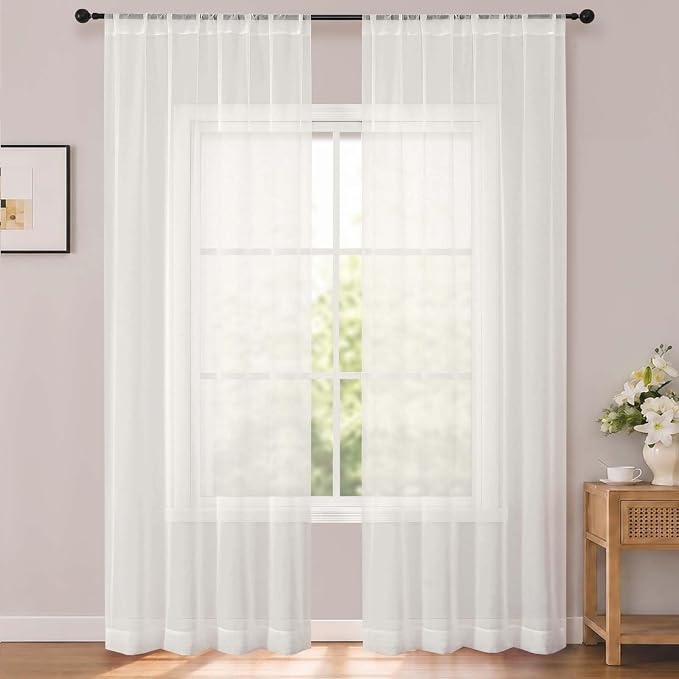 Ivory Sheer Curtains 96 inches Long for Bedroom 2 Panels Set | Elegant Airy Sheer White Curtain for Living Room, Light Filtering Voile Window Treatments, Rod Pocket, Each Panel 42 X 96 In by OWENIE