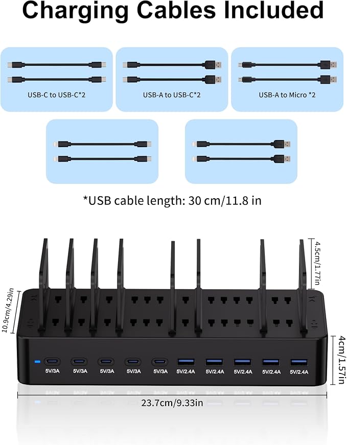 100W Charging Station for Multiple Devices, 10-Port USB Fast Charger, Black | with Adjustable Dividers & 10 Cables- Multi Device Organizer Charging Dock for iPhone, iPad, Tablets & More - Image 8