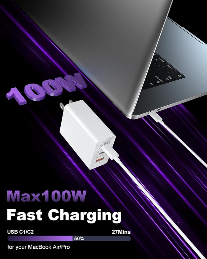USB C Charger Block 100W, 3-Port GaN Super Fast Phone Charger, Type C 65W Laptop Chargers with 10ft USB C Charging Cable for MacBook Pro/Air,iPad Pro, iPhone 17/16/15Pro, S26 Ultra/S25/S24-Black+White - Image 2
