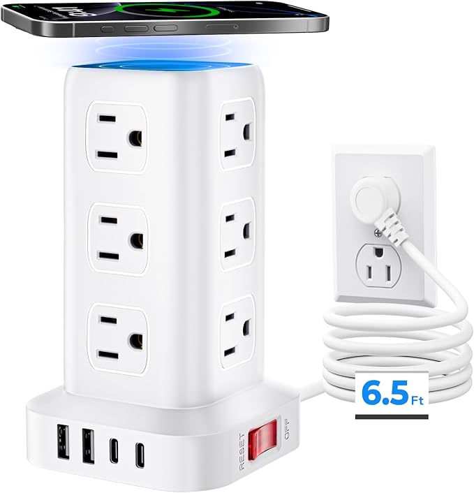 Power Strip with 12 Outlets 4 USB (1 USB C), 6.5Feet Extension Cord with Multiple Outlets, Charging Station, Power Strip Tower, Home Office Desk Supplies by SMALLRT