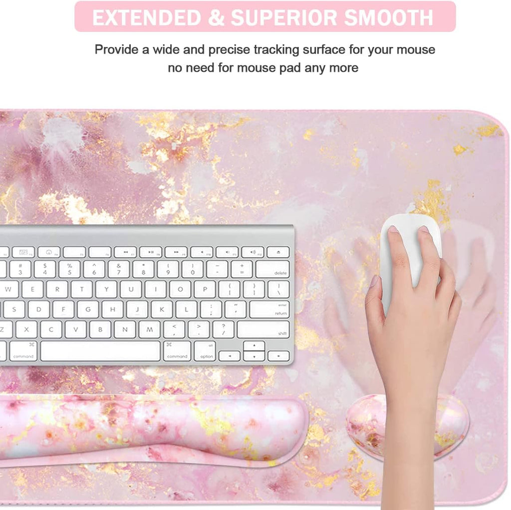 Large Mouse Pad and Keyboard Wrist Rest, Desk Pad for Keyboard and Mouse, 4-in-1 Large Gaming Mouse Pad with Wrist Support, Non-Slip Desk Mat for Home Office Study Game-Pink Gold Marble - Image 5
