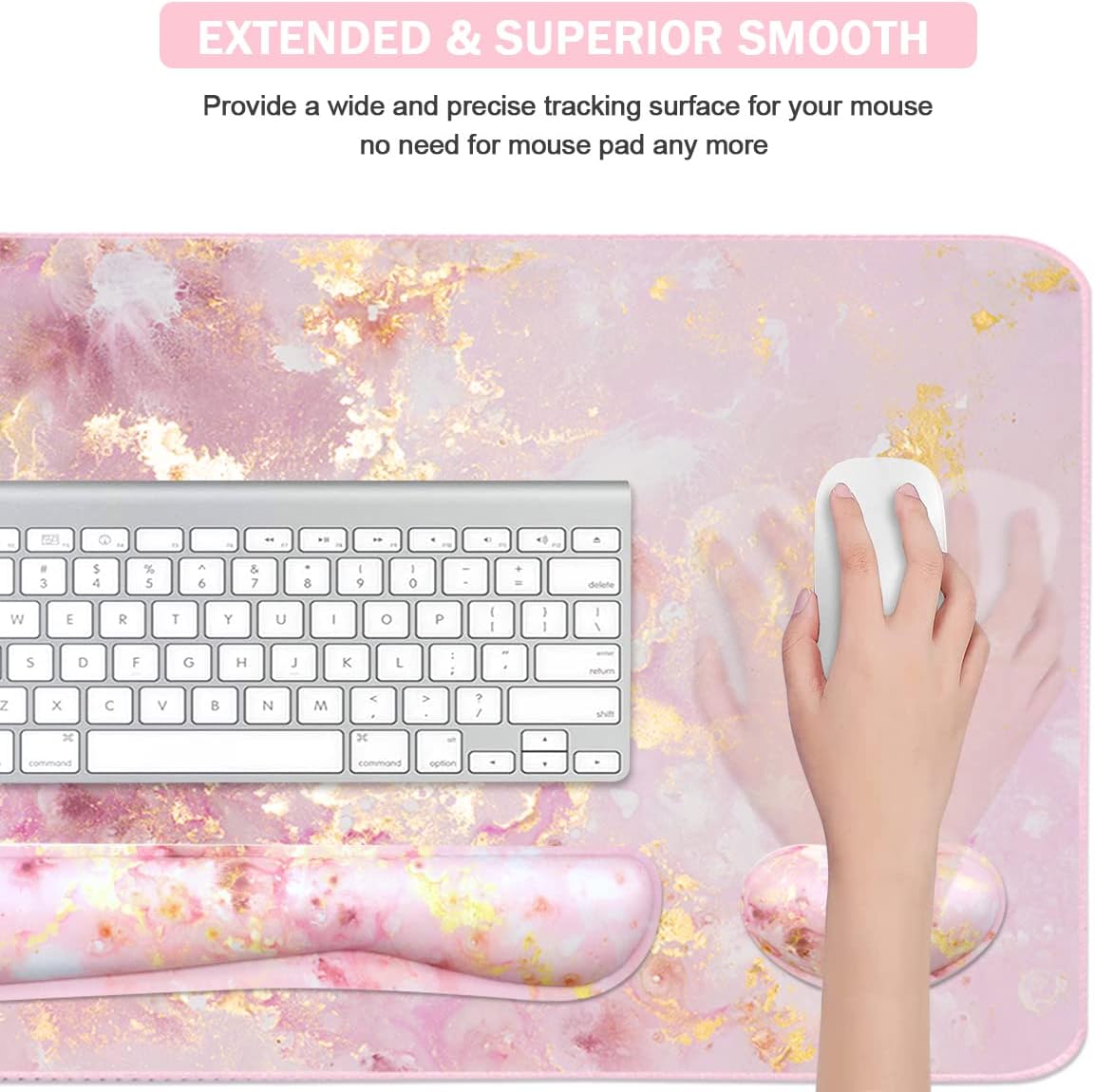 Large Mouse Pad and Keyboard Wrist Rest, Desk Pad for Keyboard and Mouse, 4-in-1 Large Gaming Mouse Pad with Wrist Support, Non-Slip Desk Mat for Home Office Study Game-Pink Gold Marble - Image 5