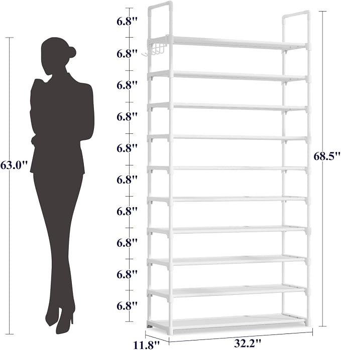 Kitsure 10 Tier Shoe Rack, Tall Shoe Organizer, 32.2" Wide, White | Large-Capacity Shoe Storage with Hooks, Shoe Shelf for Closet, Entryway, Bedroom, Living Room, Zapateras Organizer - Image 2