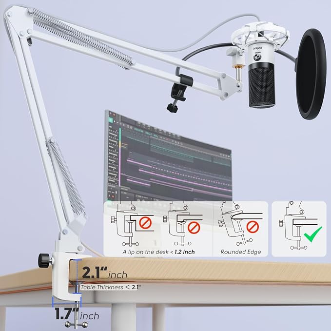 FIFINE T669 White USB Recording Microphone Kit for Vocals, Voice-Over | Studio Condenser Microphone, Metal Boom Arm, 16mm Large Diaphragm, Podcast, Streaming, Music Creation, Singing - Image 4