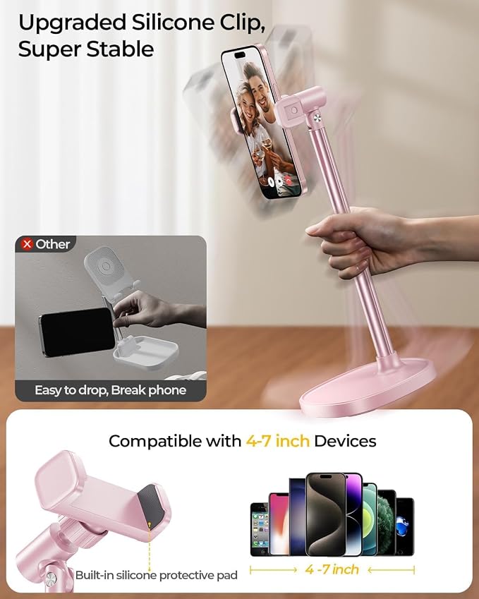 DIMONCOAT Cell Phone Stand for Desk, Stocking Stuffers Gifts for Teens Girls Boys Adults，Phone Holder Angle Height Adjustable, Aluminum Alloy Universal iPhone Stand for iPhone 17 16 15 Pro Max -Pink | Aluminum Alloy Universal iPhone Holder, Retractable... - Image 5