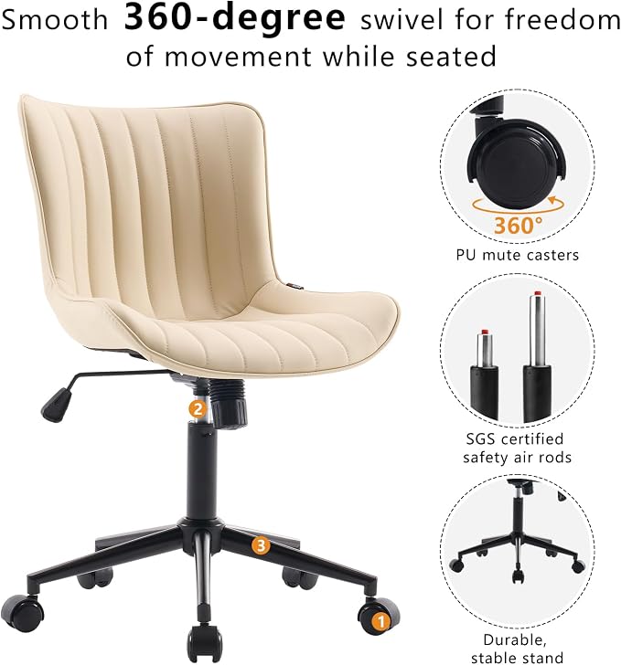YOUNIKE Office Desk Chair with Wheels Armless Vanity Chair Modern Beige | Faux Leather Upholstered with Rocking Back, Swivel Height Adjustable Small Cute Computer Rolling Task Chair Ergonomic 300lb - Image 5