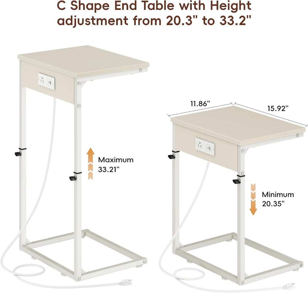 C Shaped End Table with Charging Station, Adjustable Height Side Table for Couch, Small Side Table, 33.2'' Tall Couch Tables that Slide Under, Tv Tray End Table for Living Room, Beige - Image 3