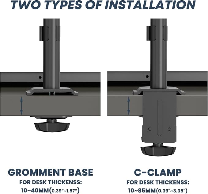 Dual Monitor Stand and Laptop Mount, Fits 32" Monitor & 15" Laptops | Extra Tall Adjustable Stand Holds 19.8 lbs per Arm, Sturdy C-clamp/Grommet Base, Egonomic Setup for Home Office,Black - Image 6