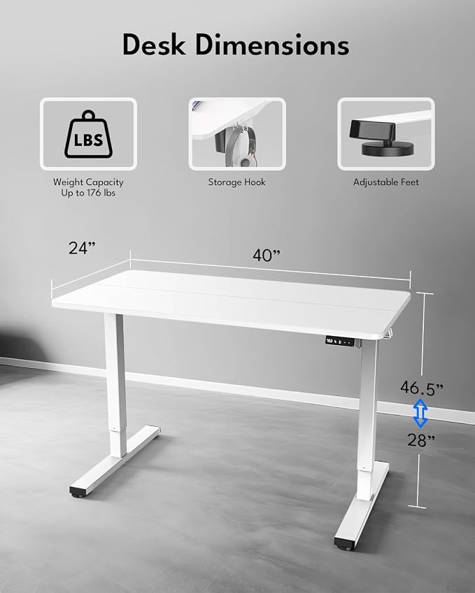Electric Standing Desk, Gaming Desk, 40 x 24 Inch, White | Height Adjustable Computer Desk with Smart Controller, Sit and Stand Up Table for Home, Office, Work, Study, Writing - Image 2