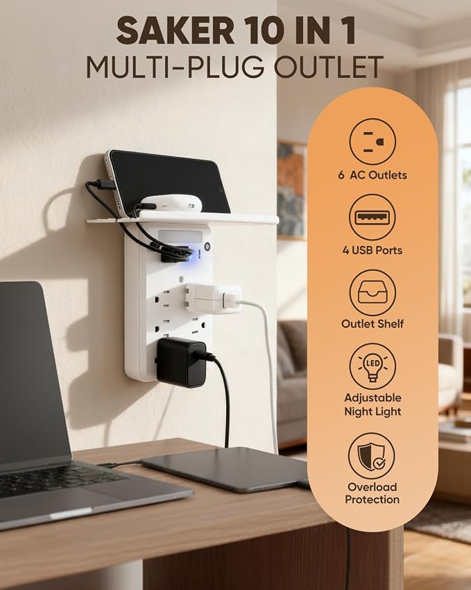 Saker Outlet Extender with Night Light, 6 AC, 4 USB, Surge Protector | 6 AC Outlets + 4 USB Ports, Built-In Night Light, Surge Protection, Convenient Outlet Shelf, 1 USB-C Fast Charging Port - Image 2