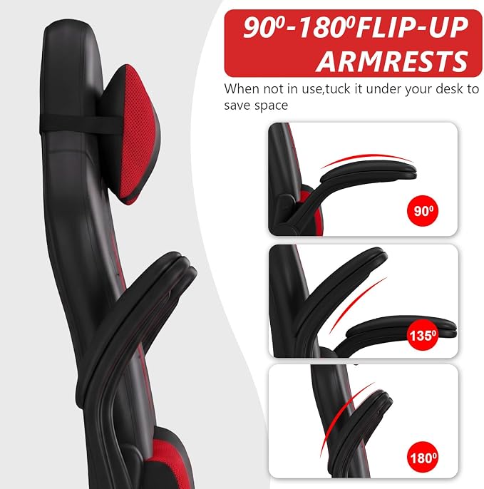 BestOffice | Gaming Chair | Red | PU Leather | with Lumbar Support | Ergonomic Racing Style Desk Chair with Recline, Padded Armrests, Headrest, Swivel & Caster Wheels | for Gamers, Home, Office - Image 5