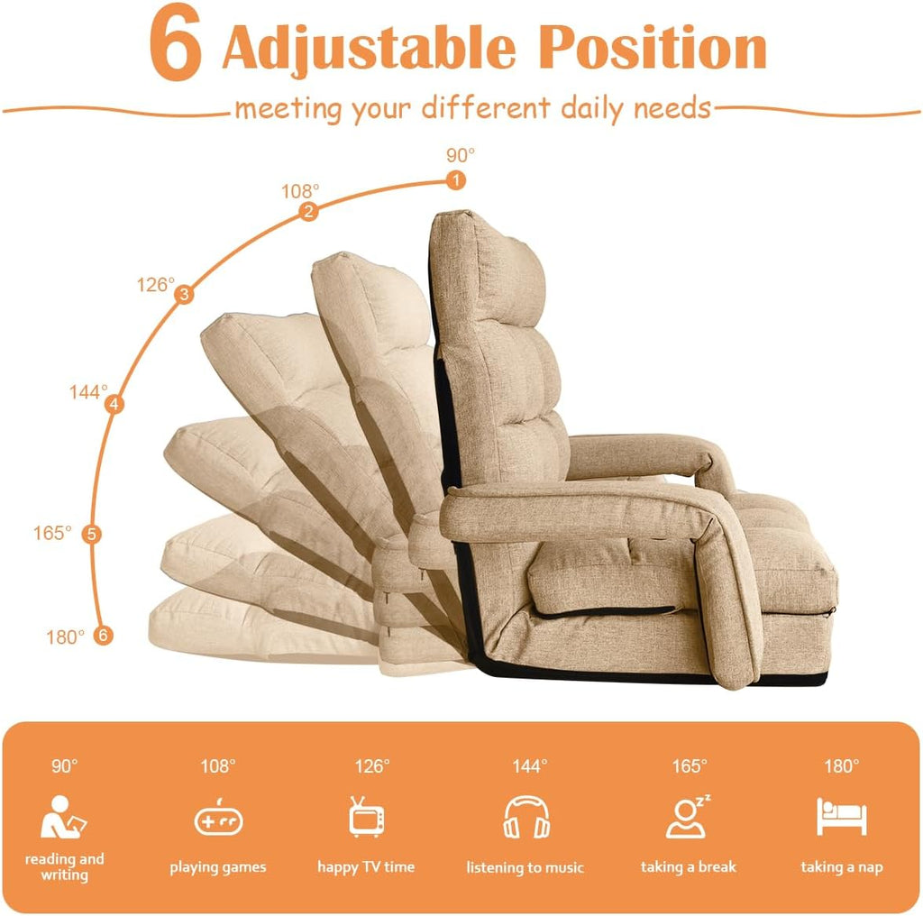 Floor Gaming Chair, 6 Position Adjustable Indoor Chaise Lounge Chair for Teens Adults, Padded Folding Meditation Sofa with Armrests and Pillow, Comfy Chair for Teens, Adults, Pets - Light Camel - Image 3