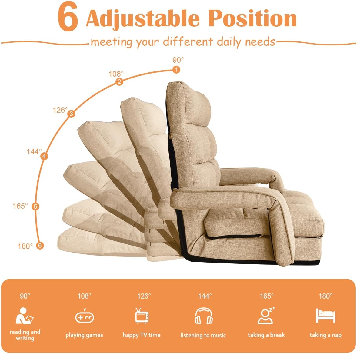 Floor Gaming Chair, 6 Position Adjustable Indoor Chaise Lounge Chair for Teens Adults, Padded Folding Meditation Sofa with Armrests and Pillow, Comfy Chair for Teens, Adults, Pets - Light Camel - Image 3
