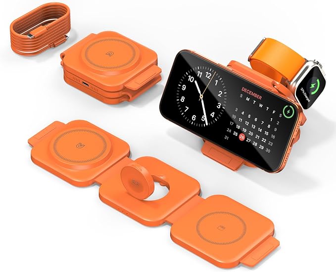 3 in 1 Charging Station for Apple, Foldable Magnetic Wireless Charger Dock | Travel Charging Pad for Multiple Devices iPhone 17 16 15 14 13 12 Pro Max Plus Apple Watch Series & AirPods 4/3/2/Pro Orange by ChargingExpertBesideYou