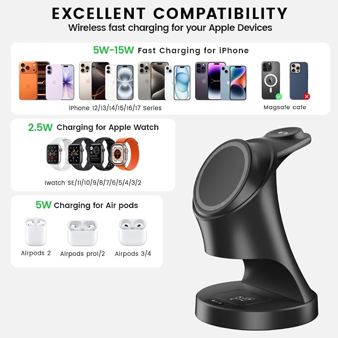3 in 1 Wireless Charging Station for Apple Devices,Magsafe Charger for IPhone17 16 15 14 13 12 Pro/Max/Plus/Mini Wireless Charger Station for AirPods 2/3/4/Pro iWatch Ultra11/10/9/8/7/SE/6/5/4/3/2 - Image 3