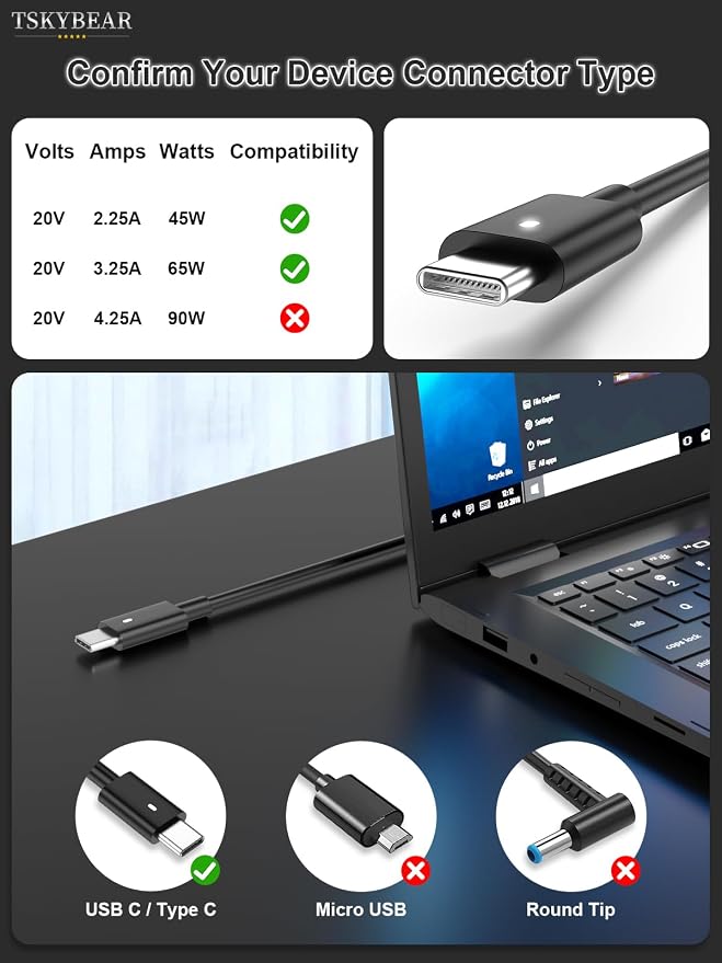 TSKYBEAR 65W USB-C Laptop Charger Compatible with Dell Latitude 5420 5430 5520 5540 5400 7420 7430 7320 7410 7440 5530 5410, XPS 13 9360 9370 9380, Chromebook 3100 3110 3400 Type C Power Cord - Image 2