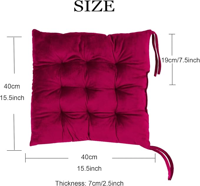 2 Pack Square Seat Cushion Chair Pads for Kitchen Dining Chairs, Soft Comfort Velvet Chair Mat Pillow Cushions with Ties for Office Desk Living Room Tatami 15.5", Burgundy - Image 2