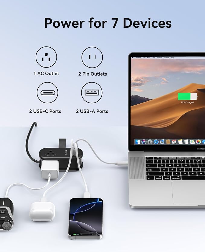 ORICO 65W GaN Travel Power Strip with Flat Plug and 4FT Extension Cord | 7-in-1 Charging Ports (3 AC Outlets/2 USB-A/2 USB-C), Fast Charger for MacBook Pro/Air, iPad Pro, iPhone 17/16/15- AP3 - Image 2