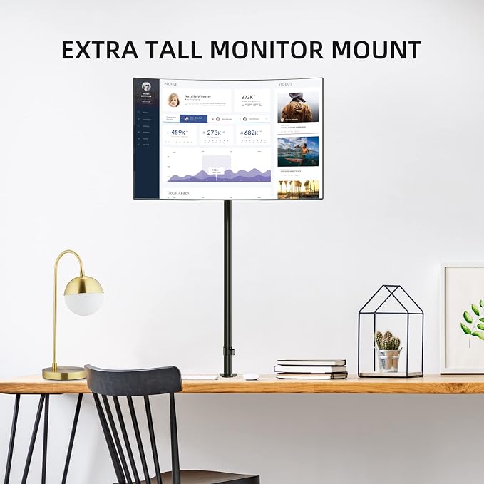 Pholiten Tall Single Monitor Mount with 47" Pole for 13-27" Screen | Fully Adjustable Extra Tall Monitor Arm, Holds up to 22lbs - Image 3