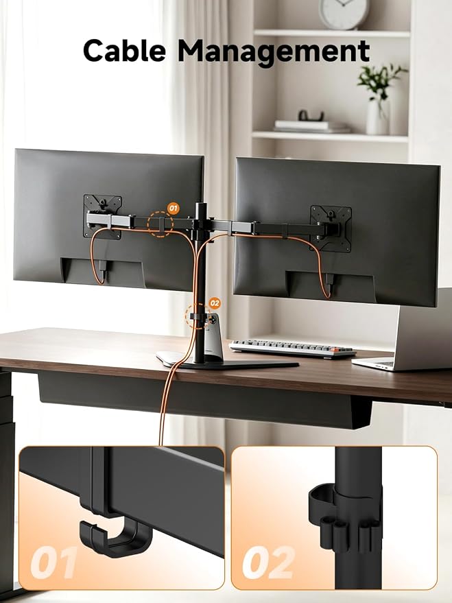 Dual Monitor Stand Mount, Free-Standing Full Motion Monitor Desk Mount for Two 13-32 inch, 15.43lbs, Adjustable Angle Height Monitors Arm, Desk Stand, Ergonomic L Feet, Black (ML7442) - Image 9