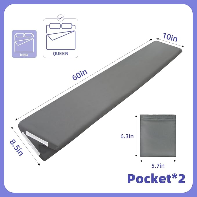 Vekkia Bed Wedge Pillow for Headboard Gap, Queen 60"x10"x8" with Pockets | Bed Gap filler,Two Angles&Heights, Pressure Lock Design Keeps in Place, High-Density Foam Fills Gaps (0-5.5"), Washable Cover - Image 3